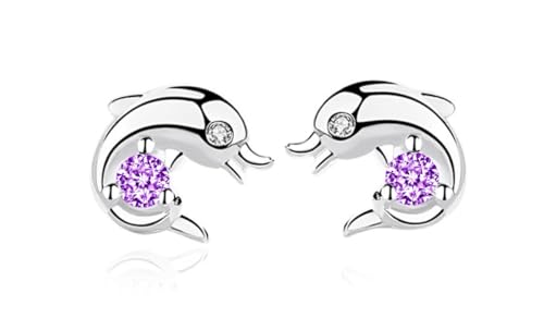 Kaguyo Silberohrringe für Frauen, Mädchenohrringe, Delfin-Ohrstecker aus 925er Sterlingsilber, klare Amethyst-Zirkone, niedliche Delfin-Ohrstecker, Geburtstagsgeschenk (purple) von Kaguyo