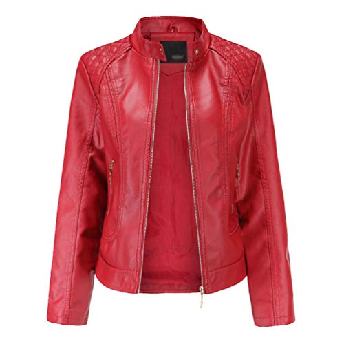 Kaiyei Damen Slim PU Lederjacken Plus Size Stehkragen Frühjahr Herbst Langarm Elegant Kurz Jacke Lederimitat Bikerjacken Reißverschluss Rot 4XL von Kaiyei