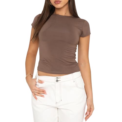 Basic Slim Fit Tshirt Damen, Skims Y2K Top Dupe, Crop Tops Damen, Bauchfreies Oberteil Damen, Basic Crop Tops Casual Athletisches Top Teenager Streetwear, Y2K Shirt(Braun, M) von Kaiyingxin