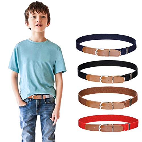 4 Stück Jungen Mädchen Elastischer Gürtel - Verstellbarer Schnallengürtel mit Leder für Kinder von 3-15 Jahren (Marineblau/Schwarz/Braun/Rot) von Kajeer