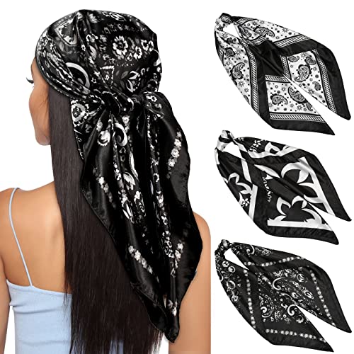 Kajeer 3 Stück Kopftuch Bandana Halstuch für Damen - 90x90cm Große Satin Seidentuch Weiches Satinschal Haarschal für Frauen von Kajeer