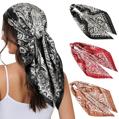 Kajeer 3 Stück Kopftuch Bandana Halstuch für Damen - 90x90cm Große Satin Seidentuch Weiches Satinschal Haarschal für Frauen von Kajeer