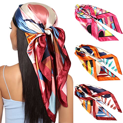 Kajeer 3 Stück Kopftuch Bandana Halstuch für Damen - 90x90cm Große Satin Seidentuch Weiches Satinschal Haarschal für Frauen von Kajeer