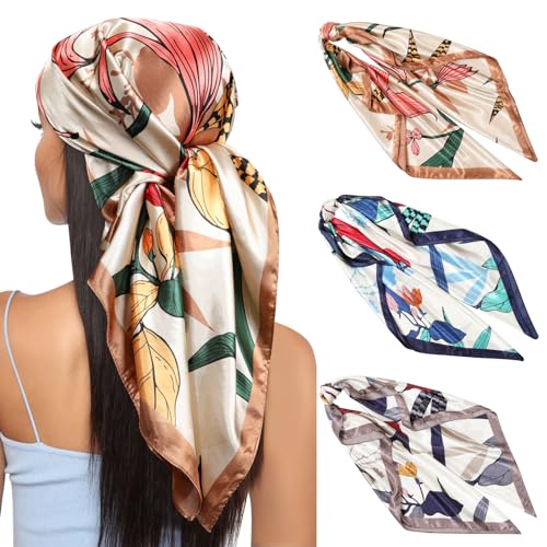 Kajeer 3 Stück Kopftuch Bandana Halstuch für Damen - 90x90cm Große Satin Seidentuch Weiches Satinschal Haarschal für Frauen von Kajeer