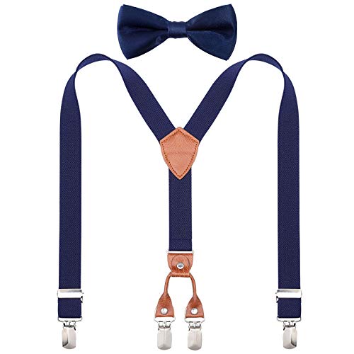 Kajeer Kinder Jungen Hosenträger Fliegen Set - Y-förmige Hosenträger und Fliegen Set für Jungen Mädchen Einstellbar Elastisch, 85cm(8 Jahre alt - 5 Fuß hoch), Navy Blau von Kajeer