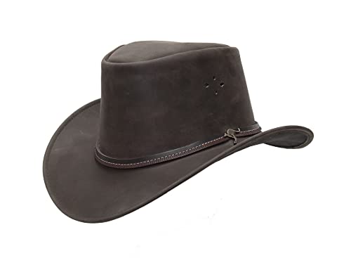 Lederhut Cowboyhut Australien Style Westernhut Herren Damen schwarz und braun Outdoor Hut aus Leder mit Kinnriemen ca. 7cm bis 7,5cm breite Krempe - Sonderposten in braun XL von KAKADU