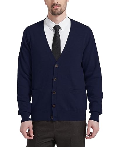 Kallspin Herren Strickjacke aus Wollmischung V-Ausschnitt Cardigan mit Knöpfen und Taschen(Marineblau, 2XL-Tall) von Kallspin