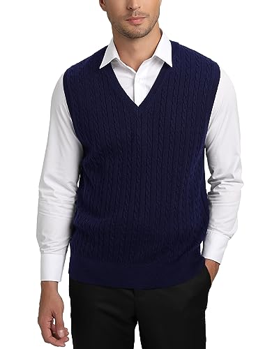 Kallspin Herren Strickweste Pulunder Ärmellos Zopfstrick V-Ausschnitt aus Wollmischung(Marineblau, 4XL) von Kallspin