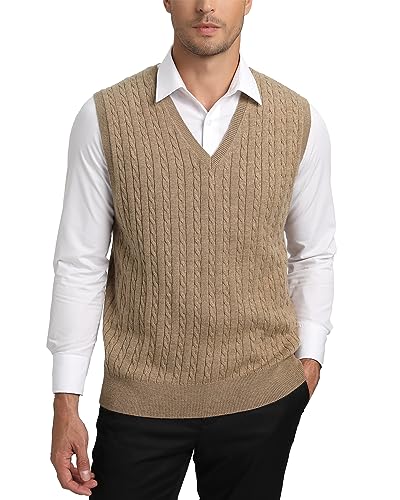 Kallspin Herren Strickweste Pulunder Ärmellos Zopfstrick V-Ausschnitt aus Wollmischung(Kaffee, XL-Tall) von Kallspin