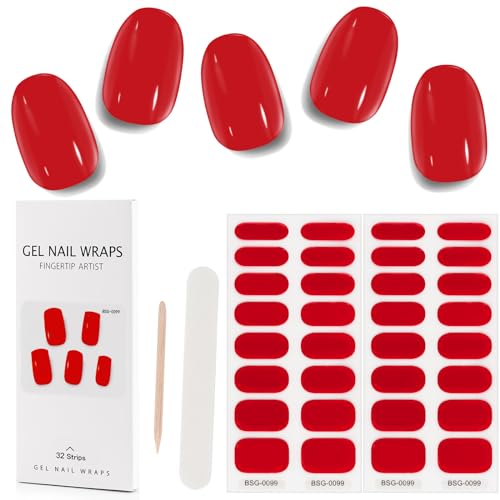 Kalolar 32 Stück Gel Nagellack Aufkleber, UV Gel Nagelfolie Selbstklebende Vollverpackungs Gel Nagelsticker Wraps, Wasserdichte Gel Nail Sticker für Frauen Mädchen (Hellrot) von Kalolary