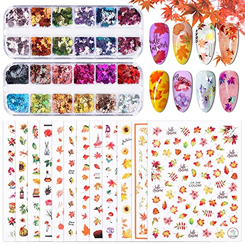 Kalolary 12 Blatt Herbst Nagelsticker Selbstklebend, Nagelsticker DIY Herbst Ahornblätter mit 2 Boxen Ahornblätter Pailletten für Frauen Mädchen Nagel Dekorationen von Kalolary