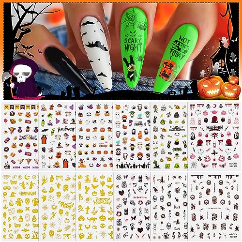 Kalolary 12 Blatt Nail Art Aufkleber Halloween Selbstklebend Nagelsticker Abziehbilder Kürbis Fledermaus Spinne Mumie DIY Nagel Kunst Tattoo Aufkleber Maniküre Zubehör für Frauen Mädchen (A) von Kalolary