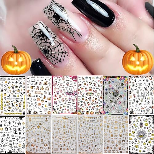 Kalolary 12 Blatt Nail Art Aufkleber Halloween Selbstklebende Aufkleber Abziehbilder wasserdicht Maniküre Dekor für Mädchen Fingernägel Zehennägel von Kalolary