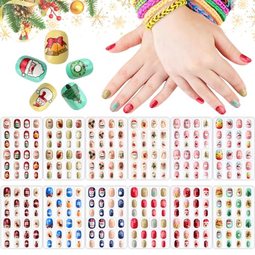 Kalolary 288pcs Weihnachtskinder falsche Nägel Presse auf Nagel, Kinder voll Cover kurze falsche Fingernägel 3d Santa Claus Snowman Weihnachtsbaum für Mädchen Kinder Nail Art Dekoration von Kalolary