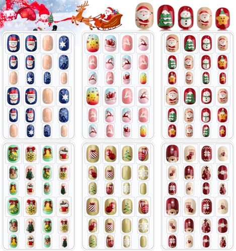 Kalolary 144pcs Weihnachtskinder falsche Nägel Presse auf Nagel, Kinder voll Cover kurze falsche Fingernägel 3d Santa Claus Snowman Weihnachtsbaum für Mädchen Kinder Nail Art Dekoration von Kalolary