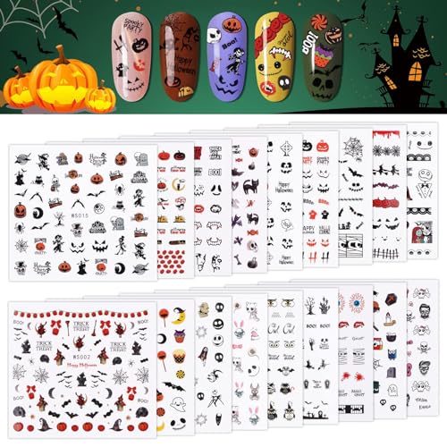 Kalolary 18 Blatt Halloween Nagelaufkleber Abziehbilder, 1600+ Design 3D Selbstklebende Aufkleber Abziehbilder Wasserdicht Nail Art Tattoo Aufkleber für Mädchen DIY Nagel Dekoration von Kalolary