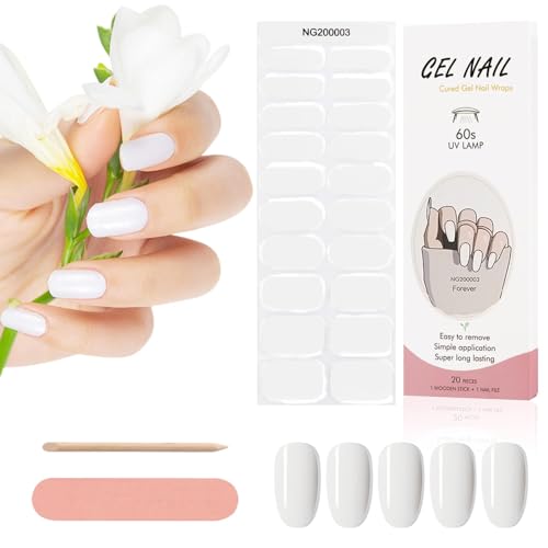 Kalolary 20PCS Gel Nagellack Aufkleber, Nagelsticker Rot Full Wraps Nagelaufkleber UV / LED-Lampe Erforderlich Cured Gel Nail Strips mit Nagelfeile und Stick für Frauen Mädchen Nageldekoration (Weiss) von Kalolary