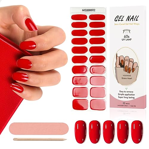 Kalolary 20PCS Gel Nagellack Aufkleber, Nagelsticker Rot Full Wraps Nagelaufkleber UV / LED-Lampe Erforderlich Cured Gel Nail Strips mit Nagelfeile und Stick für Frauen Mädchen Nageldekoration-B von Kalolary