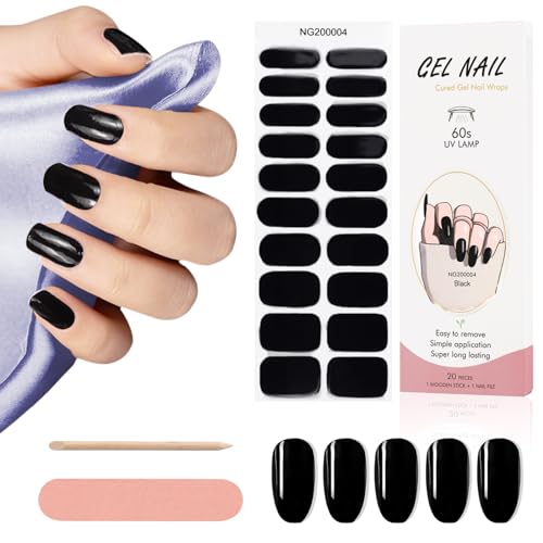 Kalolary 20PCS Gel Nagellack Aufkleber, Schwarz Full Wraps Nagelaufkleber UV/LED-Lampe Erforderlich Cured Gel Nail Strips mit Nagelfeile und Stick für Frauen Mädchen Nageldekoration - D von Kalolary