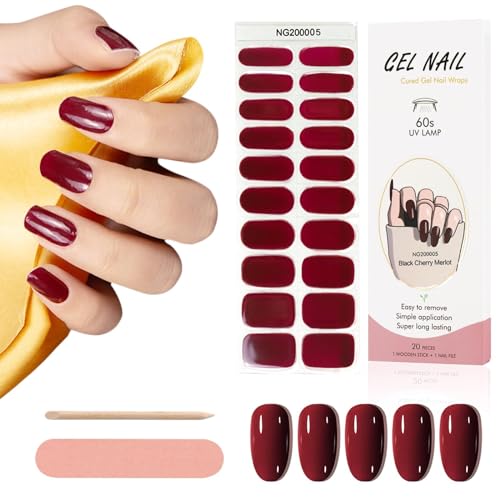 Kalolary 20PCS Gel Nagellack Aufkleber, Weinrot Full Wraps Nagelaufkleber UV / LED-Lampe Erforderlich Cured Gel Nail Strips mit Nagelfeile und Stick für Frauen Mädchen Nageldekoration - E von Kalolary