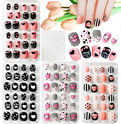 Kalolary 4 Boxen Kinder Fingernägel, Dot Love Muster Kinder Kunstnägel Press on Nails Short Full Cover False Nail Set mit 1 Stück Nail Glue Sticker Künstliche Nail Tips Geschenk für Mädchen - C von Kalolary