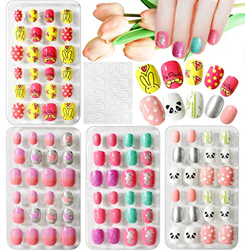 Kalolary 4 Boxen Kinder Fingernägel, Panda Bunny Pattern Kinder Kunstnägel Press on Nails Short Full Cover False Nail Set mit 1 Stück Nail Glue Sticker Künstliche Nail Tips Geschenk für Mädchen - D von Kalolary