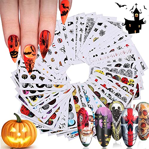 Kalolary 48 Blatt Halloween Nagelsticker Selbstklebend Wassertransfer Nail Art Stickers Blumen Nagel Sticker für Mädchen Frauen Damen von Kalolary