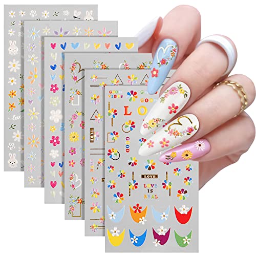 Kalolary 5D Blumen Nagelaufkleber, 6 Blatt Stereoskopisch Nagelsticker Selbstklebend Nagelaufkleber Bunte Blüte Nail Art Sticker für Damen Mädchen Fingernägel Nagel DIY Dekoration von Kalolary