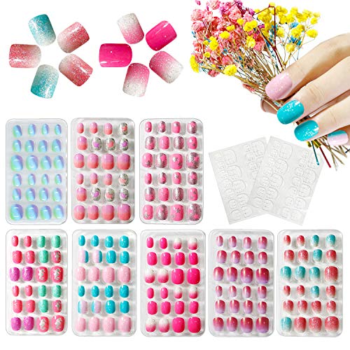 Kalolary 8 Boxen Kinder Fingernägel, Rosa Farbverlauf Kinder Kunstnägel Press on Nails Short Full Cover False Nail Set mit 2 Stück Nail Glue Sticker Künstliche Nail Tips Geschenk für Mädchen von Kalolary