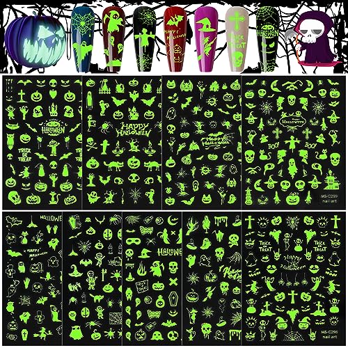 Kalolary 9 Blatt Halloween Luminous Nail Stickers, 3D Halloween Nail Art Aufkleber Abziehbilder Glow in Dark Selbstklebende Halloween Kürbis Spinne Nagel Aufkleber für Nail Art DIY Dekoration (C) von Kalolary