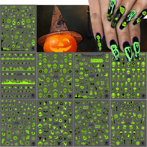 Kalolary 9 Blatt Halloween Luminous Nail Stickers, 3D Halloween Nail Art Aufkleber Abziehbilder Glow in Dark Selbstklebende Halloween Kürbis Spinne Nagel Aufkleber für Nail Art DIY Dekoration (A) von Kalolary