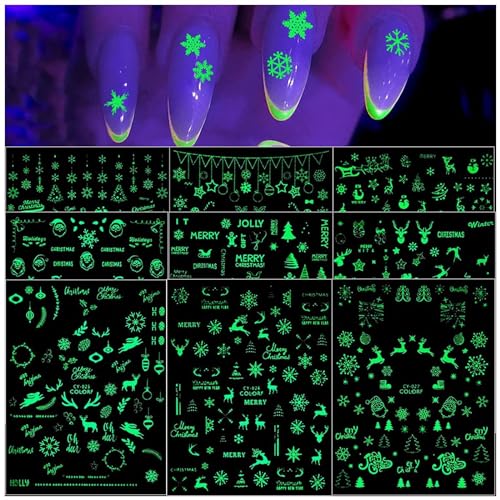 Kalolary 9 Blatt Luminous Nail Art Sticker, Weihnachten Selbstklebend Nagelaufkleber Leuchten im Dunkeln Nageldesign 3D Nagelsticker für Damen Mädchen Nagelspitzen Dekoration von Kalolary