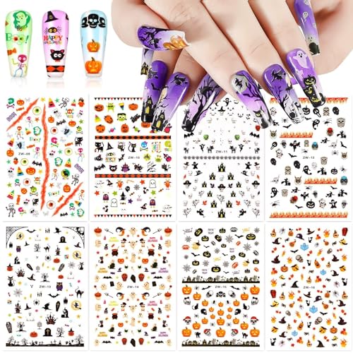 Kalolary Halloween Nagel Sticker Abziehbilder, 8 Blatt Nagelsticker Selbstklebend Totenkopf Geister Fledermaus Hexe Maniküre Aufkleber für Halloween DIY Nagel Kunst Dekoration von Kalolary