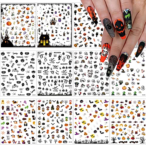 Kalolary Halloween Nail Sticker Decals, 12 Blatt Nagelsticker Selbstklebend Pumpkin Ghost Skull Nail Stickers for Women Girls Children Halloween DIY Nail Art Decoration von Kalolary