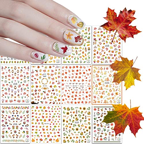 Kalolary Herbst Nagelsticker Selbstklebend, 12 Stücke Herbst 3D Nagel Aufkleber Verschiedene Muster Ahorn Blätter Kürbis Eichhörnchen Sonnenblume für Frauen Mädchen DIY Nagel Dekoration von Kalolary