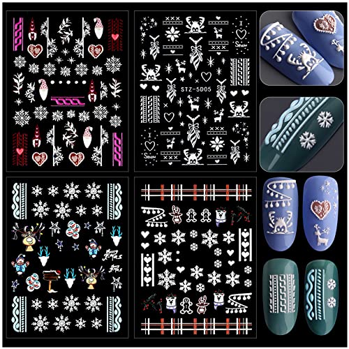 Kalolary Weihnachten Nagelsticker Selbstklebend, Weihnachten 5D Schneeflocken Aufkleber Harz Nagel Aufkleber French Nail Art Sticker Decals für Frauen Mädchen Abziehbild DIY Dekoration (4 Blatt) von Kalolary