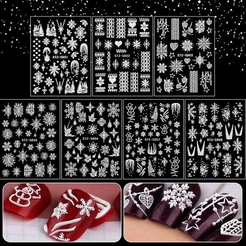 Kalolary Weihnachten Nagelsticker Selbstklebend, Weihnachten 5D Schneeflocken Aufkleber Harz Nagel Aufkleber French Nail Art Sticker Decals für Frauen Mädchen Abziehbild DIY Dekoration (7 Blatt) von Kalolary