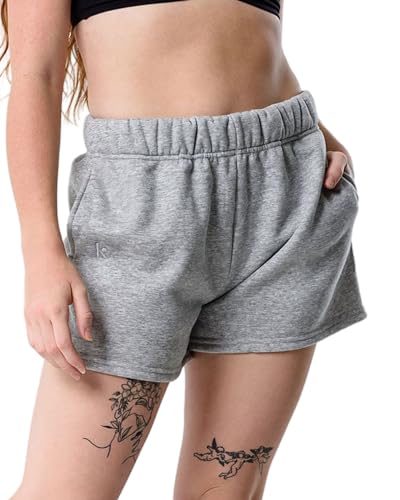 Kamo Fitness CozyTec Sweatshorts für Damen, hohe Taille, bequem, lässig, Baumwoll-Shorts mit Taschen, Meliert, Grau, Klein von Kamo Fitness