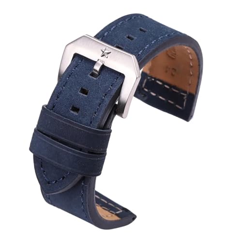 KanaAt LKQASD 24mm Rindsleder Armband Schwarz Braun Grau Blau Damen Herren Echtes Leder Armband Armband Uhr Zubehör Pentagramm Schnalle (Color : Blue, Size : 24mm) von KanaAt