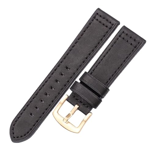 KanaAt LKQASD Echtes Leder Uhrenarmbänder Damen Herren Vintage Schwarz Braun Grau Blau Uhrenarmband 18mm 20mm 22mm 24mm Armband Zubehör (Color : Black gold buckle, Size : 18mm) von KanaAt