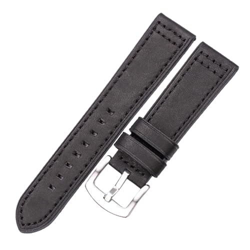 KanaAt LKQASD Echtes Leder Uhrenarmbänder Damen Herren Vintage Schwarz Braun Grau Blau Uhrenarmband 18mm 20mm 22mm 24mm Armband Zubehör (Color : Black silver buckle, Size : 20mm) von KanaAt