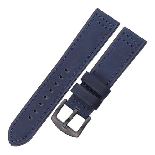 KanaAt LKQASD Echtes Leder Uhrenarmbänder Damen Herren Vintage Schwarz Braun Grau Blau Uhrenarmband 18mm 20mm 22mm 24mm Armband Zubehör (Color : Blue black buckle, Size : 18mm) von KanaAt