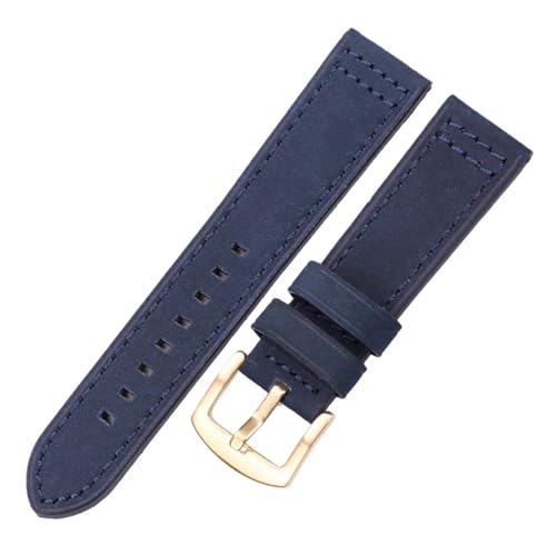 KanaAt LKQASD Echtes Leder Uhrenarmbänder Damen Herren Vintage Schwarz Braun Grau Blau Uhrenarmband 18mm 20mm 22mm 24mm Armband Zubehör (Color : Blue gold buckle, Size : 18mm) von KanaAt