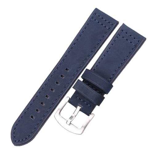 KanaAt LKQASD Echtes Leder Uhrenarmbänder Damen Herren Vintage Schwarz Braun Grau Blau Uhrenarmband 18mm 20mm 22mm 24mm Armband Zubehör (Color : Blue silver buckle, Size : 18mm) von KanaAt