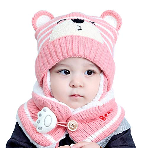 Kids Caps Schal Set, Kleinkind Baby Kinder Winter Warm Double Pom Bobble Strickmütze Mütze Mütze Schal Set Ohrenklappe Mütze Geschenk, Strickmütze Schal Set Halstuch Warm Häkelmütze Set 1-4 Jahre von Kangmeile