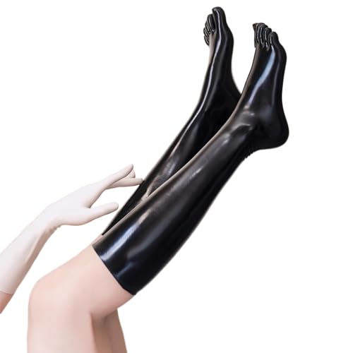 Schwarze Latex Strümpfe für Frauen, Naturkautschuk Latex Oberschenkel Hohe Strümpfe mit Zehen Cosplay Kostüm Party Clubwear L von Kangxinsheng