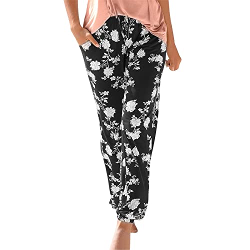 Damen Pant Lange Haremshose Schlupfhose Boho Strandhose Loose Sommerhose Frauen Hose mit Taschen Straight Bein Hose Blumenmuster Leicht Freizeithose Stoffhose Jogginghose Yogahose Sporthose Pumphose von Kanpola Damen Sweatshirts