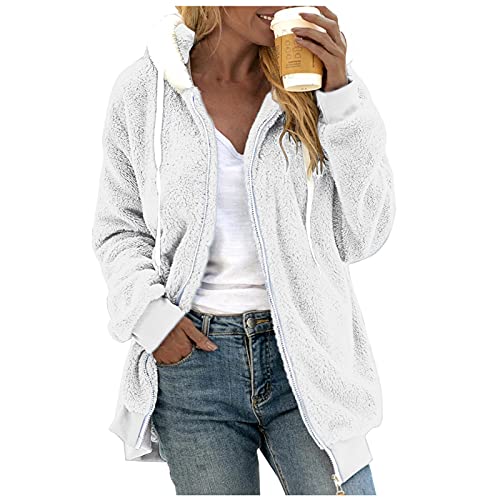 Kanpola Damen Sweatshirts-Outerwear-1026 Plüschjacke Winterjacke Teddy Warm Hoodie Pullover Mit Kapuze Winter Reißverschluss Kapuzenjacke Tasches Einfarbig Lässige Jacken Mantel Oberteile, Zd - Weiß von Kanpola Damen Sweatshirts