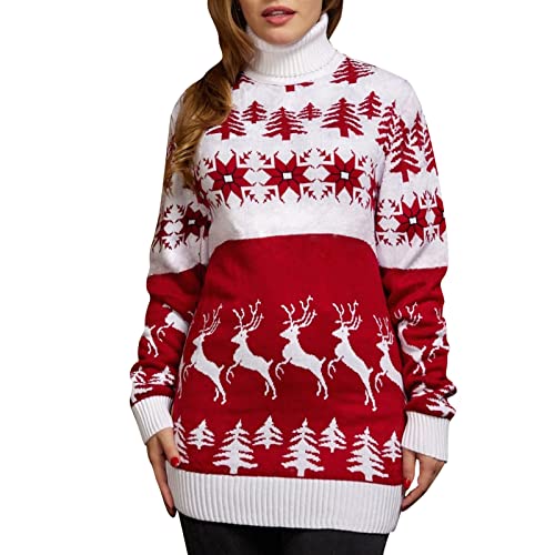 Kanpola Weihnachtspullover Damen Norweger Strick Pullover Herbst Winter Rollkragenpullover Frauen Weihnachts Longpullover Elegant Christmas Sweater Oberteile Tops von Kanpola Damen Sweatshirts