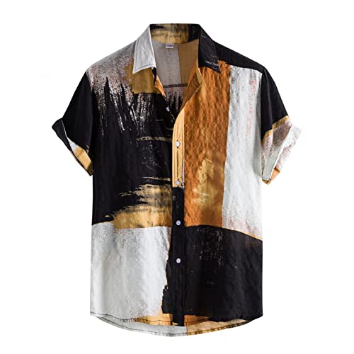 Kanpola Kurzarm Herren Hemd Leinenhemd Vintage Drucken T Shirts Revers Freizeithemd Patchwork Leinen Shirt Knopfleiste Hawaiihemd Leicht Bequem Strand Shirts Loose Fit von Kanpola Herren Top